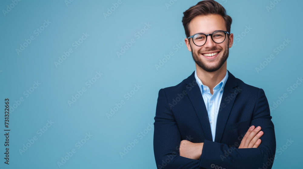 a person with a beaming smile, wearing glasses and a suit, standing with arms crossed against a soft blue background, looking confident and approachable a person with a beaming smile, wearing glasses and a suit, standing with arms crossed against a soft blue background, looking confident and approachable