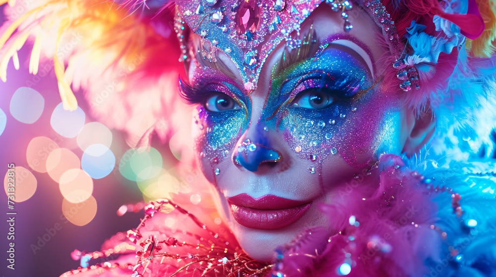 A dazzling drag queen in her 30s, her flamboyant and expressive look is captivating. With meticulously elaborate makeup and an extravagant ensemble, she exudes confidence and charm.