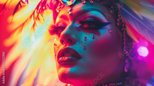 A dazzling and vivacious drag queen in her 30s exudes pure artistry with her flamboyant and expressive look. Her expertly applied makeup creates a stunning  eye-catching appearance that capt
