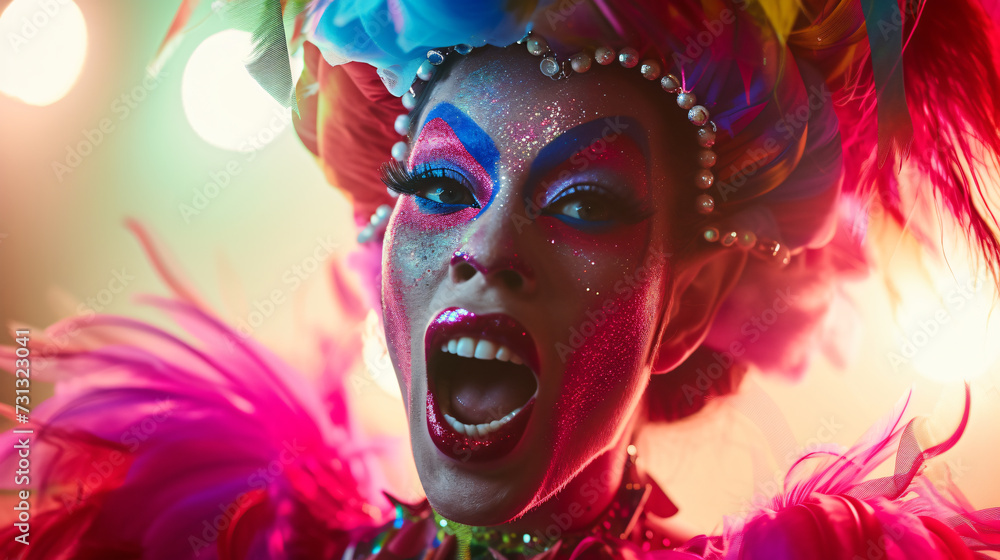 A fabulous drag queen in her prime, exuding a vivacious energy with her flamboyant and expressive style. Her makeup is meticulously done, accentuating her larger-than-life personality. She d