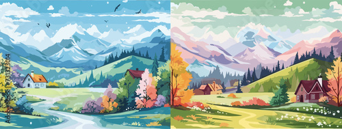Set of four seasons backgrounds  banners. Winter  spring  summer  autumn nature landscapes. Colorful backdrops  covers with trees  mountains  village houses