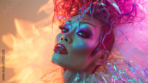 A dazzling and vivacious drag queen in her 30s exudes pure artistry with her flamboyant and expressive look. Her expertly applied makeup creates a stunning, eye-catching appearance that capt photo