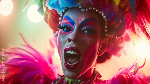 A fabulous drag queen in her prime  exuding a vivacious energy with her flamboyant and expressive style. Her makeup is meticulously done  accentuating her larger-than-life personality. She d