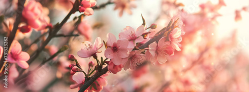 Blossoming pink cherry trees garden in spring. Spring nature freshness and renewal background #731323262