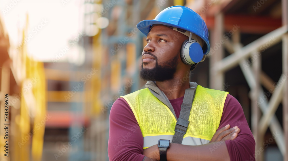 A construction worker with a blue safety helmet and reflective vest stands with crossed arms, looking intently at a construction site. A construction worker with a blue safety helmet and reflective vest stands with crossed arms, looking intently at a construction site.
