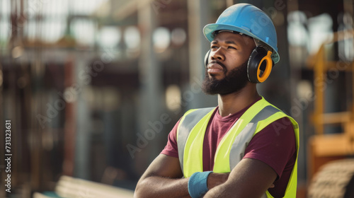 A construction worker with a blue safety helmet and reflective vest stands with crossed arms, looking intently at a construction site. © MP Studio