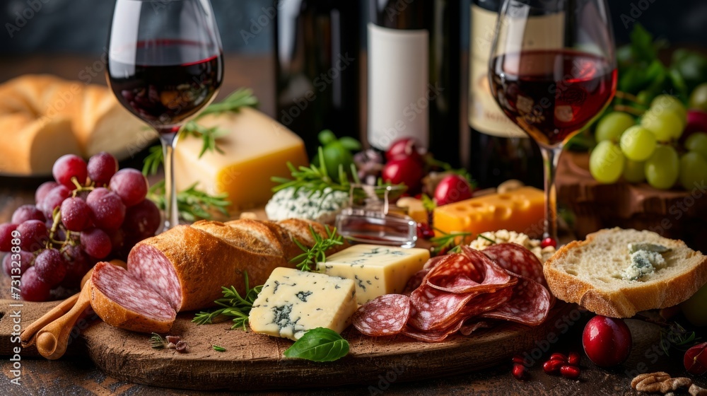 Sommelier-selected wines complement upscale dinner spreads featuring gourmet cheeses