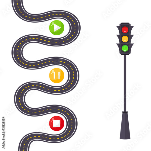 Life is a highway conceptual road map with start, pause, and play buttons along the route controlled by a stoplight