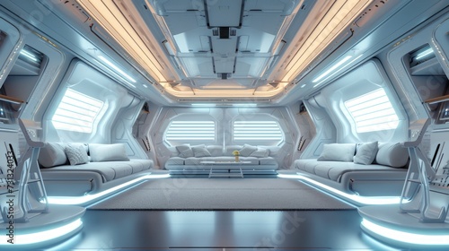 Modern futuristic minimalist design of spaceship interior with a modern aesthetic. Concept of space travel, future technology, exploration, cosmic living, and Earth observation.