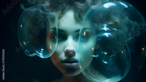 Portrait einer Frau, die durch abstrakte transluzente Blasen mit Lichtreflexen blickt. Abstrakt surrealistische Illustration