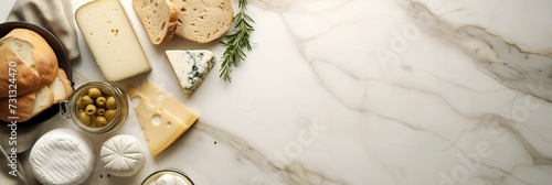 different kinds of cheese on marble countertop, top view with empty space on the right side