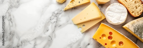 different kinds of cheese on marble countertop, top view with empty space on the left side