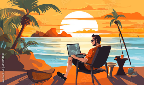 Digital Nomad Lifestyle Working from Exotic Locations isolated vector style illustration