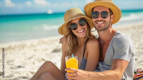Romantic couple enjoying blue hawaiian cocktail on paradise beach with copy space