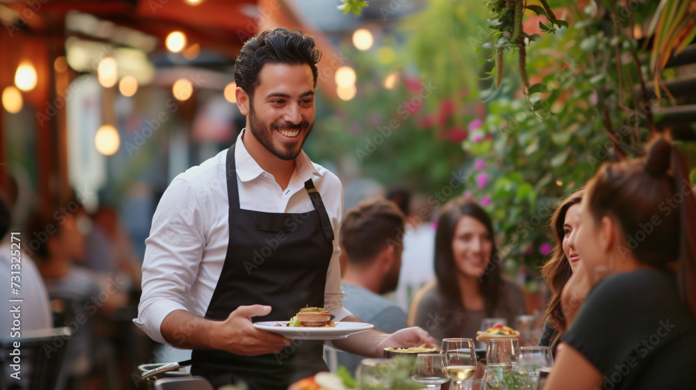 A skilled waiter gracefully serves mouthwatering dishes on a bustling restaurant patio, adding flair to the dining experience. - obrazy, fototapety, plakaty 