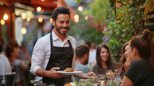 A skilled waiter gracefully serves mouthwatering dishes on a bustling restaurant patio  adding flair to the dining experience.