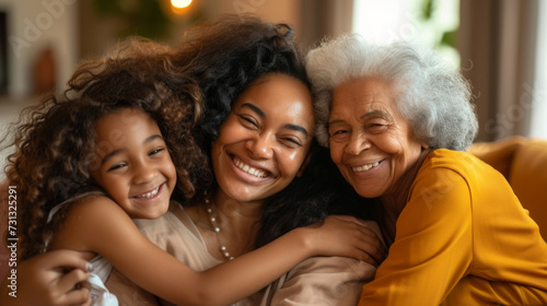 generations of females   a child  her mother  and grandmother   are sharing a close and joyful embrace  smiling brightly and exuding warmth and happiness.