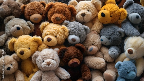 large group of teddy bears sitting together in a pile together, all with different colored faces and noses, toy © @ArtUmbre
