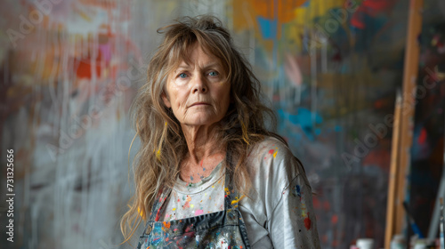 A whimsical painter in her 50s, with long, wavy hair streaked with vibrant colors, showcases her artistic abstraction. Her expressive face emanates passion and creativity, reflecting her uni