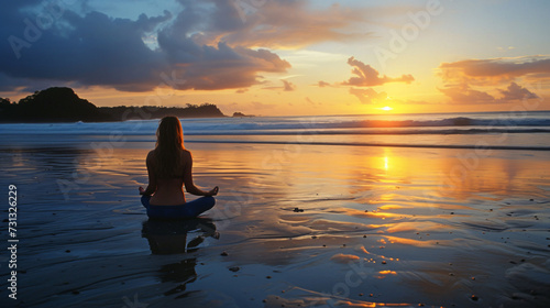 Tranquil woman practicing yoga on serene beach at sunrise, finding inner peace and harmony amidst nature's beauty.