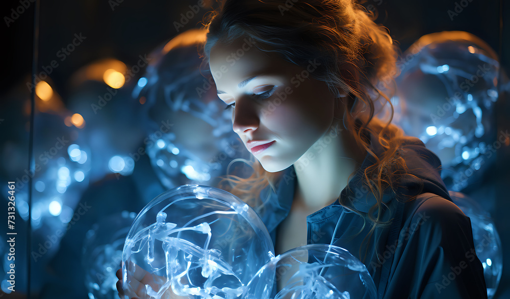 Contemplative Woman with Ethereal Lighting
Portrait of a pensive young woman surrounded by reflective lights, suitable for themes of wonder, innovation, and introspection. Contemplative Woman with Ethereal Lighting
Portrait of a pensive young woman surrounded by reflective lights, suitable for themes of wonder, innovation, and introspection.