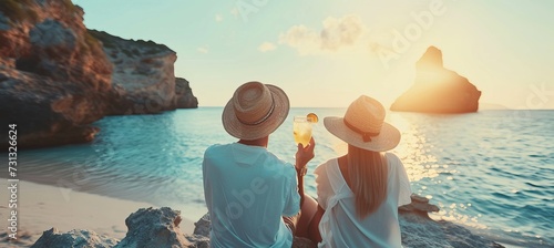 Fototapeta Naklejka Na Ścianę i Meble -  Sunny summer day  couple enjoying margarita cocktails on tropical beach with text space