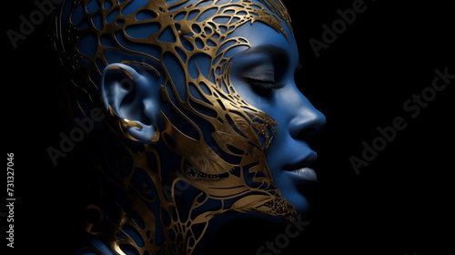 Abstraktes Portrait einer Frau mit blauer Haut und goldener Metall-Verzierung des Gesichts. Profil. Closeup. Illustration photo