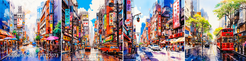Vector illustration of a street in Shinjuku, Tokyo. The watercolor style gives the piece a unique touch. Captures the vibrant atmosphere of Shinjuku with its colorful buildings and bustling streets. © Sasha