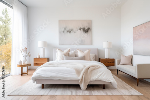 Interior of modern bedroom with white walls, wooden floor, comfortable master bed with white linens and a gold painting on the wall. © Yr