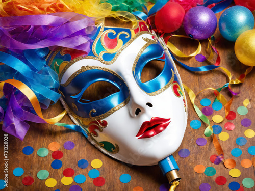  A Carnival Party Extravaganza - Vibrant Venetian Mask Adorned with Colourful Streamers and Whistles, Creating a Festive Atmosphere of Celebration