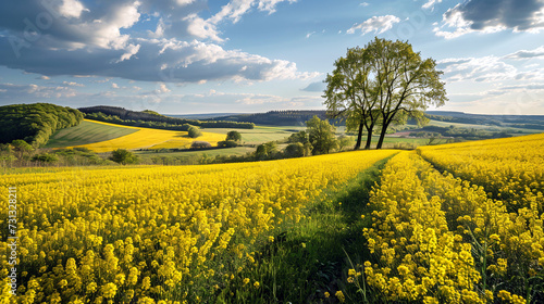 Rapeseed field landscape. Blooming mustard. Canola plants with yellow flowers. Biofuel and green renewable energy concept photo