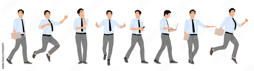 Set of Businessman character in different poses. Handsome man running, standing, walking, jumping, using phone, laptop, front, side view. Vector realistic illustration on transparent background.