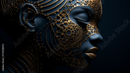 Abstraktes Portrait einer Frau mit blauer Haut und goldener Metall-Verzierung des Gesichts. Profil. Closeup. Illustration