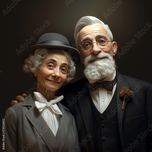 Happy old couple in stylish retro clothes. Aged man and woman in love together. Family portrait
