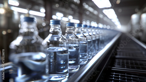 White transparent bottles with alcoholic drink on a modern automated conveyor belt production line