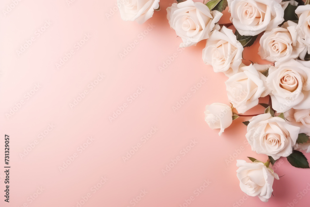 Spring summer floral background. Beautiful white roses border frame on pastel pink background. Top view, copy space
