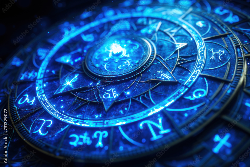 Aquarius zodiac sign against horoscope wheel. Astrology calendar. Esoteric horoscope and fortune telling concept.