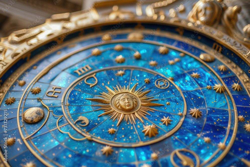 Aquarius zodiac sign against horoscope wheel. Astrology calendar. Esoteric horoscope and fortune telling concept.