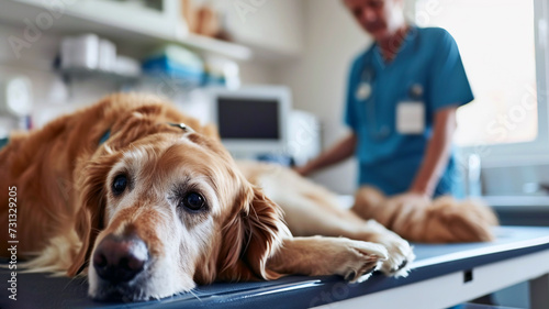 Sad labrador retriever dog on a table in a veterinary clinic. Golden retriever puppy in a vet cabinet