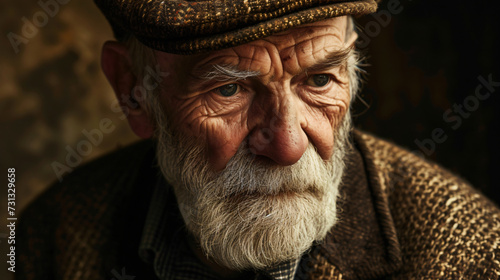 A wise and contemplative elderly gentleman in his late 70s, with a full white beard and deep wrinkles across his face, as if each line tells a story of a well-lived life. His thoughtful expr