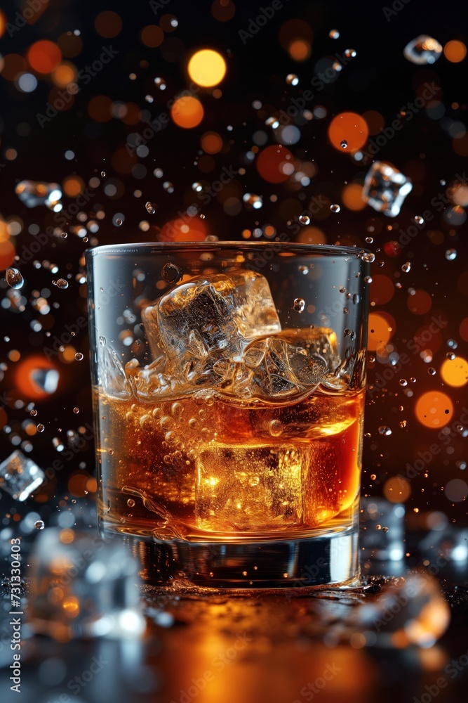 A glass of whiskey with ice from which splashes and pieces of ice dynamically fly off on a blurred background with bokeh