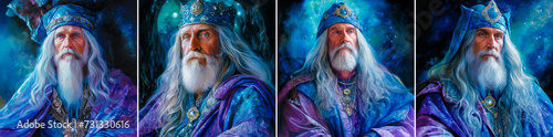 The painting depicts a magical sapphire wizard. The wizard is depicted in a stunning robe and a crown made of sapphire stone. The general style of the painting is fantasy pastel.