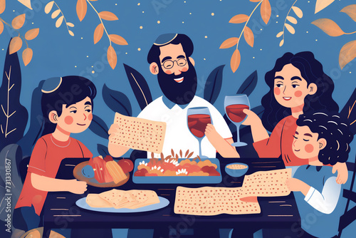 Happy Jewish family celebrated Pesach Seder. Passover celebration Illustration photo