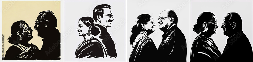 Illustration of a happy Indian Marwari couple. The woman is 60 years old. Elegantly. She wears a sari and her hair is tied in a ponytail. And smiles. The man is 65 years old.