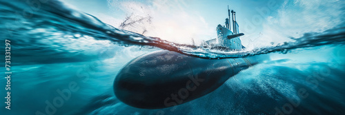 Generic military nuclear submarine floating in the middle of the ocean while shooting an undersea torpedo missile, wide banner with copy space area