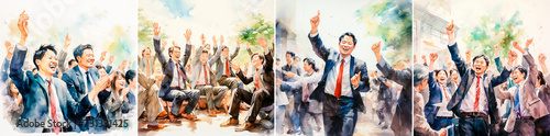 Middle-aged Japanese corporate executives depicted in vector and watercolor illustrations clap their hands and give a standing ovation as a sign of appreciation or recognition. photo