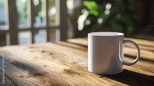 A minimalist coffee mug mockup placed on a rustic wooden table, highlighting its exquisite shape and inviting texture. This blank canvas allows you to bring your own creative designs to life photo