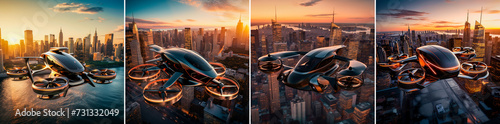Create a photorealistic image of a copter flying over New York City at dusk. Capture the futuristic design and technology of the aircraft. Use lighting and atmospheric effects to create dramatic