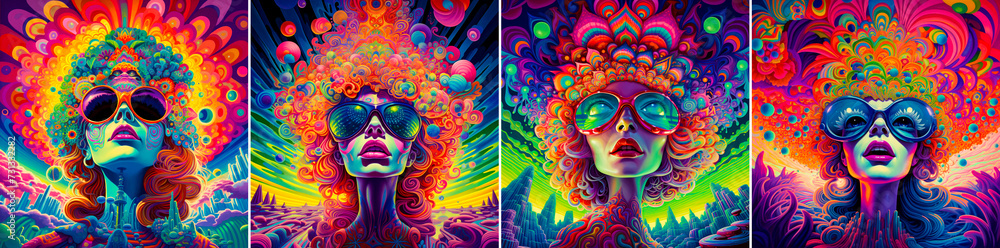 Captivating and vibrant images. Psychedelic aesthetics. Visually stimulating artwork featuring women.