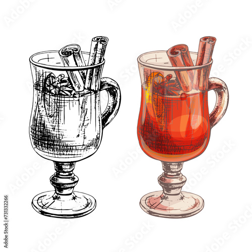 Mulled wine glass with ingredients. Vintage hatching vector illustration